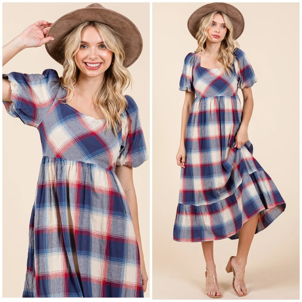 POLAGRAM Plaid Pattern Short Sleeves Midi Dress - Picture 4 of 11